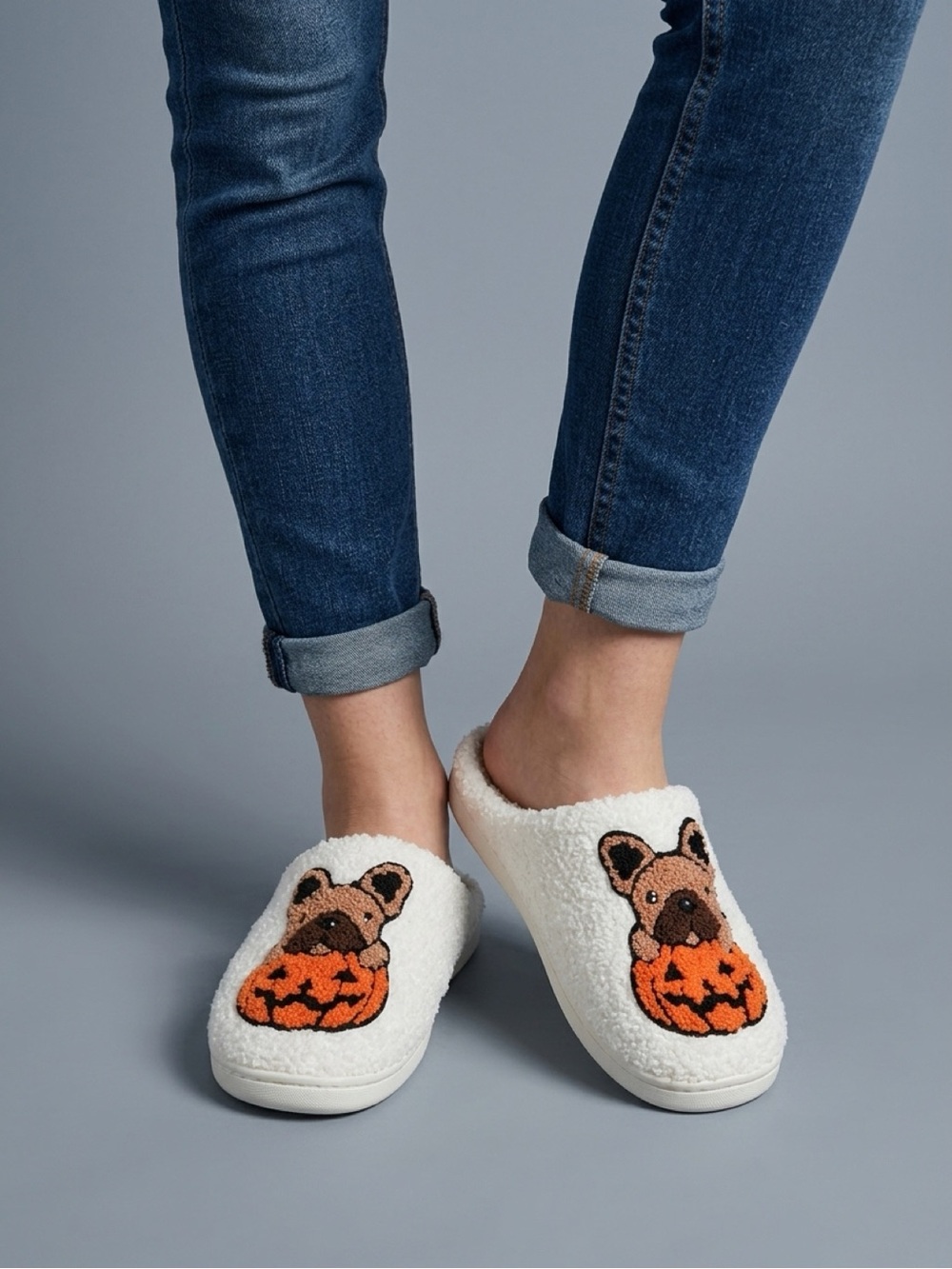 Women’s Cream Slippers with Pumpkin Dog Patch 🎃
